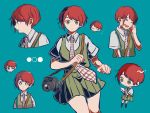  1girl :o bare_arms bare_legs blue_background camera camera_on_neck chibi closed_eyes collage cowboy_shot danganronpa dress freckles full_body green_dress green_eyes hand_on_own_cheek happy kiri_(2htkz) koizumi_mahiru looking_at_object looking_at_viewer necktie open_mouth plaid_neckwear profile red_hair short_hair short_sleeves simple_background solo super_danganronpa_2 surprised upper_body 