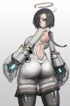  1girl ass back_cutout back_tattoo backboob bangs black_hair bodysuit boots breasts clothing_cutout from_behind grey_eyes grey_footwear hair_over_one_eye halo highres hiragana_oufu large_breasts lips looking_at_viewer mecha_musume original power_gloves short_hair skindentation swept_bangs tattoo thigh_boots thighhighs tramp_stamp white_bodysuit 