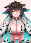  1girl absurdres animal_costume animal_ears animal_print bikini black_hair blue_hair breasts character_request collarbone cow_costume cow_ears cow_girl cow_horns cow_print elbow_gloves gloves highres horns large_breasts long_hair looking_at_viewer magatama multicolored_hair nagishy navel solo swimsuit tenka_hyakken thighhighs two-tone_hair very_long_hair white_bikini white_gloves white_legwear yellow_eyes 