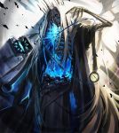  1other blue_eyes blue_fire book chain chain_belt crown fire fur_trim glowing glowing_eyes holding holding_book lich long_hair monster multiple_wings o-ring olys open_book original ribs skeleton solo torn torn_clothes very_long_hair white_hair wings 