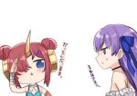  2girls :&lt; arm_up bandaged_arm bandages bangs bare_shoulders bikini black_choker blue_bikini blue_bow blue_eyes blush bow brown_hair chibi choker double_bun eyebrows_visible_through_hair fate/grand_order fate_(series) frankenstein&#039;s_monster_(fate) frankenstein&#039;s_monster_(swimsuit_saber)_(fate) hair_bow hair_ornament hair_over_one_eye highres horns i.u.y long_hair meltryllis meltryllis_(swimsuit_lancer)_(fate) multiple_girls parted_lips profile purple_hair salute simple_background single_horn sweat swimsuit translation_request triangle_mouth upper_body white_background 