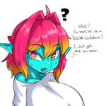 1:1 ? adelia_(changbae) big_breasts bodily_fluids breasts changbae clothing dialogue english_text female goblin hi_res huge_breasts humanoid not_furry shirt simple_background solo sweat text topwear white_background 
