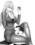  1boy 1girl bdsm black_legwear breasts business_suit cellphone cleavage closed_mouth collarbone covered_eyes femdom fingernails formal greyscale head_between_knees holding holding_head holding_phone legs long_hair looking_down medium_breasts monochrome neri_aisu open_mouth original pantyhose phone sadism saliva short_hair sitting skirt smartphone suit sweat teacher thighs white_background 