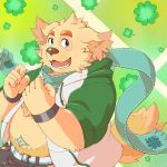  1:1 2020 anthro belly bottomwear brown_body brown_fur canid canine canis clothing cu_sith_(tas) domestic_dog fur furipon hi_res hoodie humanoid_hands kemono male mammal overweight overweight_anthro overweight_male pants scarf solo tokyo_afterschool_summoners topwear video_games 