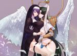  angel armor azazel_(last_origin) black_hair cape erect_nipples feathers garter halo headdress hug kit_park last_origin long_hair nun purple purple_eyes purple_hair red_eyes signed topless veronica_type-asc yuri 