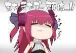  1girl =_= bangs bare_shoulders blue_ribbon chibi clenched_teeth closed_eyes curled_horns dragon_horns elizabeth_bathory_(fate) elizabeth_bathory_(fate)_(all) eyebrows_visible_through_hair facing_viewer fate/extra fate/extra_ccc fate_(series) gradient gradient_background grey_background hair_between_eyes hair_ribbon highres horns i.u.y long_hair parted_lips purple_hair ribbon shirt sleeveless sleeveless_shirt solo teeth translation_request two_side_up upper_body white_background white_shirt 