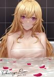  1girl absurdres bangs bare_shoulders bathing bathtub blonde_hair blush breasts character_name closed_mouth collarbone commentary_request dated eyebrows_visible_through_hair highres indoors long_hair looking_at_viewer medium_breasts naked_towel nijisanji partially_submerged petals purple_eyes selcky sidelocks solo takamiya_rion tile_wall tiles towel upper_body virtual_youtuber water 