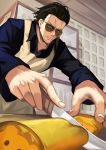  1boy apron bangs beard black_hair black_shirt brown_hair closed_mouth collarbone commentary_request cutting facial_hair food gokushufudou highres holding holding_knife indoors knife kyuu_(chiu850513) long_sleeves male_focus mustache scar scar_across_eye shirt short_hair solo sunglasses tatsu_(gokufushudou) upper_body veins 