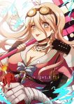  1girl :p ahoge bangs black_choker black_gloves blonde_hair blue_eyes blush breasts candle choker cleavage collarbone commentary_request criis-chan danganronpa fingerless_gloves fire gloves goggles goggles_on_head hair_between_eyes iruma_miu large_breasts long_hair looking_at_viewer mechanical_arm new_danganronpa_v3 school_uniform serafuku skirt smile solo tongue tongue_out twitter_username upper_body v 
