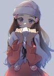  1girl beanie blush brown_hair coat commentary_request dawn_(pokemon) eyelashes grey_eyes hair_ornament hairclip hands_up hat head_tilt highres holding holding_clothes holding_scarf long_hair long_sleeves looking_at_viewer myuuu_ay pokemon pokemon_(game) pokemon_dppt pokemon_platinum scarf solo upper_body white_headwear white_scarf 