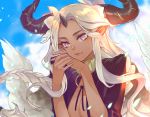  1girl breasts cleavage closed_mouth dark_skin dark_skinned_female fingernails hands_up highres horns long_hair looking_at_viewer medium_breasts nail_polish original pink_eyes pink_nails pointy_ears smile solo symbol_commentary upper_body white_hair wings yun-yang 