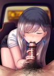  1girl absurdres azur_lane bangs belfast_(azur_lane) bent_over blurry blurry_background braid breasts chin_gero closed_eyes commentary_request cum cum_on_hands earrings erection fellatio french_braid highres jewelry large_breasts long_hair male_pubic_hair oral penis pubic_hair silver_hair sitting spread_legs thighs tongue tongue_out 