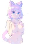  1girl animal_ears bangs blue_eyes blunt_bangs bob_cut breast_suppress breasts cat_ears cat_tail cowboy_shot enkyo_yuuichirou hands_up highres large_breasts looking_at_viewer navel nipples nude original parted_lips purple_hair short_hair simple_background solo standing tail white_background 