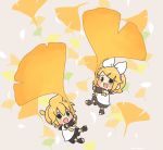  1boy 1girl arm_warmers bangs black_collar black_shorts blonde_hair bow chibi collar falling_leaves ginkgo_leaf green_eyes hair_bow hair_ornament hairclip holding holding_leaf kagamine_len kagamine_rin leaf leaf_background leg_warmers miniboy minigirl najo neckerchief necktie open_mouth sailor_collar school_uniform shirt short_hair short_ponytail short_sleeves shorts smile spiked_hair swept_bangs vocaloid white_bow white_shirt yellow_neckwear 