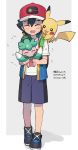  1boy 1paku54 ash_ketchum bangs black_hair closed_eyes fomantis gen_1_pokemon gen_7_pokemon hat highres holding holding_pokemon male_focus on_shoulder open_mouth pikachu pokemon pokemon_(anime) pokemon_(creature) pokemon_on_shoulder pokemon_swsh_(anime) red_headwear shirt shoes short_sleeves shorts sleeveless sleeveless_jacket smile standing sweat tongue translation_request white_shirt 