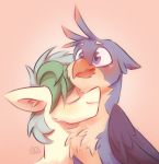  2019 avian beak blue_eyes blush duo earth_pony ecolinegd equid equine eyebrows eyes_closed feathered_wings feathers friendship_is_magic fur gallus_(mlp) green_body green_fur gryphon hair hasbro hi_res horse inner_ear_fluff male male/male mammal my_little_pony mythological_avian mythology pony sandbar_(mlp) short_hair simple_background tan_body tan_feathers tuft wings 