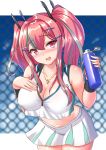  1girl azur_lane bangs bare_shoulders blue_sky blurry blurry_background blush bottle breasts bremerton_(azur_lane) bremerton_(scorching-hot_training)_(azur_lane) chain-link_fence cleavage cloud collarbone collared_shirt commentary_request covered_nipples cowboy_shot crop_top crop_top_overhang eyebrows_visible_through_hair fence green_skirt grey_hair groin hair_between_eyes hair_intakes hair_ornament hairclip hand_on_own_chest heart heart_necklace holding holding_bottle impossible_clothes impossible_shirt large_breasts long_hair looking_at_viewer midriff multicolored_hair navel no_mole nose_blush open_mouth pink_eyes pink_hair shirt sidelocks skirt sky sleeveless sleeveless_shirt solo sportswear standing streaked_hair sweat tennis_uniform tokyo_yamane twintails two-tone_hair two-tone_shirt two-tone_skirt water_bottle white_shirt white_skirt wristband x_hair_ornament 