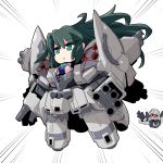  1girl bangs chibi controller crying emphasis_lines eyebrows_visible_through_hair floating floating_hair fukkatsu_saisei_kaijin game_controller green_eyes green_hair gundam gundam_build_divers gundam_build_divers_re:rise gundam_narrative highres holding holding_controller holding_game_controller ii_neo_zeong looking_ahead may_(gundam_build_divers_re:rise) mecha open_hands reaching_out red_sclera sad sinanju_stein white_background yellow_eyes 