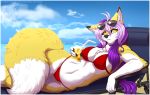  anthro breasts canid canine clothed clothing cup detailed_background female fluffy fluffy_tail fox fur hair holding_object lying mammal mark_haynes multicolored_body multicolored_fur multicolored_hair partially_clothed purple_hair solo sonia_(rukaisho) two_tone_body two_tone_fur two_tone_hair white_hair yellow_body yellow_eyes yellow_fur 