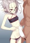  1boy 1girl bangs_pinned_back bikini black_bikini clothed_female_nude_male glasses highres lowleg lowleg_bikini nude ogami_kazuki original pale_skin penis pointy_ears red_eyes ribs side-tie_bikini silver_hair swimsuit vampire white_background 