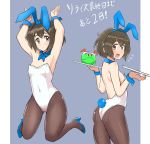  animal_ears back bangs blue_background blue_footwear blue_neckwear blush bow bowtie breasts brown_eyes brown_hair bunny_ears bunny_pose bunny_tail cleavage covered_navel drink drinking_straw ereka fake_animal_ears gundam gundam_build_divers gundam_build_divers_re:rise hair_between_eyes haro high_heels highres holding holding_tray leotard looking_at_viewer looking_to_the_side mukai_hinata playboy_bunny playboy_bunny_leotard short_hair surprised tail tray wrist_cuffs 