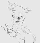  arteficialtrees avian beak black_and_white chest_tuft feathered_wings feathers feral friendship_is_magic gallus_(mlp) gesture gryphon half-closed_eyes hasbro hi_res looking_aside male monochrome my_little_pony mythological_avian mythology narrowed_eyes pointing smile smirk tuft wings 