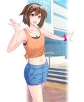  1girl :d alternate_costume bare_shoulders brown_hair casual cowboy_shot denim denim_skirt eyewear_on_head highres hiryuu_(kantai_collection) jewelry kantai_collection looking_at_viewer map_(blue_catty) midriff navel necklace one_side_up open_mouth orange_tank_top short_hair skirt smile solo sunglasses tank_top 