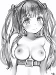  1girl belt blush bow breasts closed_mouth copyright_request greyscale hair_bow highres long_hair looking_at_viewer medium_breasts monochrome naked_belt nanashi_(nlo) nipples nude simple_background smile solo two_side_up upper_body white_background 