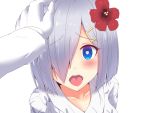  1boy 1girl admiral_(kantai_collection) bangs blush commentary_request eyebrows_visible_through_hair flower hair_ornament hamakaze_(kantai_collection) hand_on_head heart heart-shaped_pupils hibiscus highres kantai_collection koumei_(twinameless) looking_at_viewer one_eye_covered open_mouth petting short_hair silver_hair symbol-shaped_pupils 