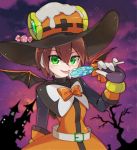  1girl aile belt blush bow brown_hair candy demon_wings dress food gloves green_eyes hair_between_eyes halloween holding holding_candy holding_food holding_lollipop lollipop magical_girl orange_dress orange_gloves robot_ears rockman rockman_x_dive sakuraba_(kirsche_x) short_hair smile solo tongue tongue_out wings witch 