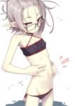  1girl bangs_pinned_back bikini black_bikini glasses highres lowleg lowleg_bikini navel ogami_kazuki original pale_skin pointy_ears red_eyes ribs side-tie_bikini silver_hair solo swimsuit vampire white_background 