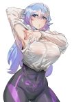  1girl arm_behind_back ass_visible_through_thighs blue_eyes blue_hair blush bodysuit bow_(bhp) breasts contrapposto covered_navel cowboy_shot gradient_hair hair_between_eyes hair_flaps hair_ornament hand_up huge_breasts long_hair looking_at_viewer multicolored_hair navel original parted_lips presenting_armpit purple_hair shirt simple_background solo spread_armpit white_background white_shirt 