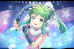  1girl blue_gloves fingerless_gloves fire_emblem fire_emblem:_mystery_of_the_emblem gloves green_eyes green_hair headphones highres holding holding_microphone idol long_hair manakete microphone miragetiki pointy_ears ponytail smile solo staff_(music) tiki_(fire_emblem) tokyo_mirage_sessions_fe upper_body 