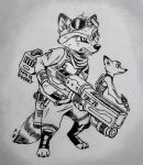  2020 anthro canid canine clothed clothing crossover disney duo eyewear fox fully_clothed goggles grey_background guardians_of_the_galaxy gun hi_res holding_gun holding_object holding_weapon inktober inktober_2020 mammal marvel monochrome nick_wilde procyonid raccoon ranged_weapon red_fox rocket_raccoon simple_background standing theblueberrycarrots weapon zootopia 