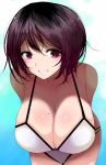  1girl arms_behind_back bare_shoulders bikini black_hair blue_background breasts cleavage eyebrows_visible_through_hair han_(jackpot) huge_breasts leaning_forward looking_at_viewer mole mole_on_breast original purple_eyes short_hair smile solo swimsuit wet 