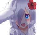  1boy 1girl admiral_(kantai_collection) bangs blush commentary_request eyebrows_visible_through_hair flower hair_ornament hamakaze_(kantai_collection) hand_on_head heart heart-shaped_pupils heavy_breathing hibiscus highres ikayaki kantai_collection koumei_(twinameless) looking_at_viewer one_eye_covered open_mouth petting shaded_face shadow short_hair silver_hair symbol-shaped_pupils 
