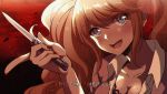  1girl :d bangs blue_eyes blush breasts collarbone commentary criis-chan danganronpa danganronpa_1 derivative_work enoshima_junko eyebrows_visible_through_hair face head_tilt holding holding_knife knife long_hair looking_at_viewer medium_breasts open_mouth red_nails screencap_redraw shirt smile solo twintails twitter_username upper_teeth white_shirt 