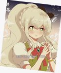  1990s_(style) 1girl bangs black_bow blonde_hair blush bow braid closed_mouth collared_shirt criis-chan danganronpa dress eyebrows_visible_through_hair gem green_eyes hands_clasped long_hair looking_at_viewer own_hands_together pinafore_dress ponytail puffy_short_sleeves puffy_sleeves red_bow shirt short_sleeves smile solo sonia_nevermind super_danganronpa_2 symbol_commentary twitter_username upper_body 