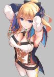  1girl armpits bangs blonde_hair blue_capelet blue_eyes bow breasts capelet cleavage closed_mouth coattails commentary_request detached_collar detached_sleeves genshin_impact grey_background hair_between_eyes hair_bow jean_gunnhildr large_breasts multicolored_capelet pants ponytail solo standing tight tight_pants white_pants yamaya_oouemon 