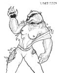  2003 5_fingers anthro badger bottomwear breasts clothing female fingers fur liger_(artist) mammal monochrome mustelid musteline navel open_mouth pants simple_background solo torn_clothing transformation white_background 