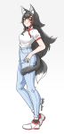  1girl absurdres adapted_costume alkyun animal_ear_fluff animal_ears ankle_socks black_legwear black_tail blue_pants denim hair_ornament hairclip highres hololive jeans long_hair looking_at_viewer multicolored_hair ookami_mio pants ringer_t-shirt shirt shirt_tucked_in shoes skinny_jeans smile sneakers solo standing t-shirt tail tail_wrap two-tone_footwear two-tone_hair very_long_hair virtual_youtuber white_shirt wolf_ears wolf_girl wolf_tail yellow_eyes 