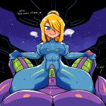  1boy 1girl blonde_hair blue_bodysuit blush bodysuit breasts breasts_apart closed_mouth covered_nipples cowgirl_position english_text full-face_blush hair_over_one_eye heart hetero highres imminent_sex large_breasts looking_at_viewer lying metroid mole mole_under_mouth nose_blush on_back one_eye_covered penis ponytail pov pov_crotch purple_skin rariatto_(ganguri) samus_aran sex smile space_pirate_(metroid) straddling sweat veins veiny_penis 