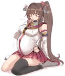  1girl asymmetrical_legwear big_belly bloated breasts brown_eyes brown_hair burp detached_sleeves female_admiral_(kantai_collection) full_body full_stomach giantess hair_intakes hand_to_own_mouth headgear height_difference hip_vent kantai_collection kneeling large_breasts long_hair pleated_skirt simple_background single_thighhigh size_difference skirt solo thighhighs utopia very_long_hair vore white_background white_headwear yamato_(kantai_collection) 