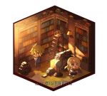  1boy 1girl :d ahoge akamatsu_kaede amami_rantarou bangs blonde_hair blush book book_stack bookshelf brown_pants chibi commentary criis-chan danganronpa green_hair hair_ornament holding isometric ladder library long_hair looking_back musical_note_hair_ornament new_danganronpa_v3 open_mouth pants shirt short_hair skirt smile standing striped striped_shirt thighhighs 