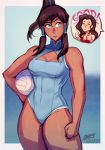  ! 2girls artist_name asami_sato avatar_(series) ball bare_shoulders blood blue_eyes breasts brown_hair cleavage cowboy_shot dark_skin english_commentary english_text hair_between_eyes holding holding_ball iahfy korra leotard medium_breasts multiple_girls nosebleed one-piece_swimsuit patreon_username sleeveless swimsuit the_legend_of_korra twitter_username volleyball watermark 