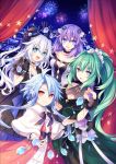  4girls ahoge aqua_eyes black_heart blue_eyes braid breasts choker cleavage closed_mouth dress fireworks flower gloves green_hair green_heart hair_between_eyes hair_flower hair_intakes hair_ornament hat highres jewelry large_breasts light_blue_hair long_hair looking_at_viewer multiple_girls neptune_(series) night official_art open_mouth pendant ponytail power_symbol purple_eyes purple_hair purple_heart red_eyes short_hair_with_long_locks smile symbol-shaped_pupils tsunako twin_braids very_long_hair white_hair white_heart 