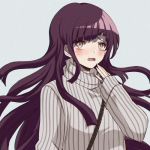  1girl bangs blunt_bangs blush brown_eyes commentary criis-chan danganronpa english_commentary grey_background hand_up long_hair long_sleeves looking_at_viewer lowres mole mole_under_eye open_mouth purple_hair simple_background sleeves_past_wrists solo striped super_danganronpa_2 sweater tears tsumiki_mikan turtleneck upper_body very_long_hair 