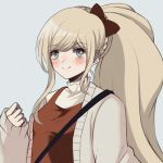  1girl alternate_costume bangs blonde_hair blush bow braid breasts cardigan closed_mouth commentary criis-chan danganronpa dress english_commentary eyebrows_visible_through_hair hair_bow long_hair long_sleeves looking_at_viewer lowres medium_breasts pinafore_dress ponytail red_bow smile solo sonia_nevermind super_danganronpa_2 upper_body 