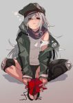  1girl bandana black_shorts blush_stickers brown_eyes butterfly_sitting fu-ta g11_(girls_frontline) girls_frontline hair_between_eyes hat jacket knee_pads long_hair off_shoulder red_footwear shoes shorts silver_hair sitting solo untied_shoes 
