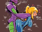  /\/\/\ 1boy 1girl :d bent_over blonde_hair blue_bodysuit blue_eyes blush bodysuit breasts commentary covered_nipples english_commentary english_text flying_sweatdrops from_side hands_on_thighs happy_sex heart heart-shaped_pupils hetero highres large_breasts long_hair looking_back metroid monster open_mouth ponytail rariatto_(ganguri) samus_aran sex sex_from_behind shoulder_grab sideways_glance sideways_mouth smile space_pirate_(metroid) standing standing_sex sweat symbol-shaped_pupils 